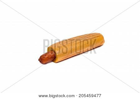 An old-fashioned hot dog with mustard, on a sesame seed bun. Shot on white background.