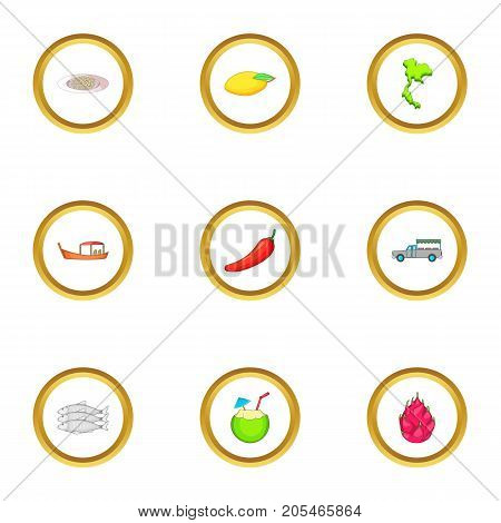Thailand day icons set. Cartoon style set of 9 Thailand day vector icons for web design