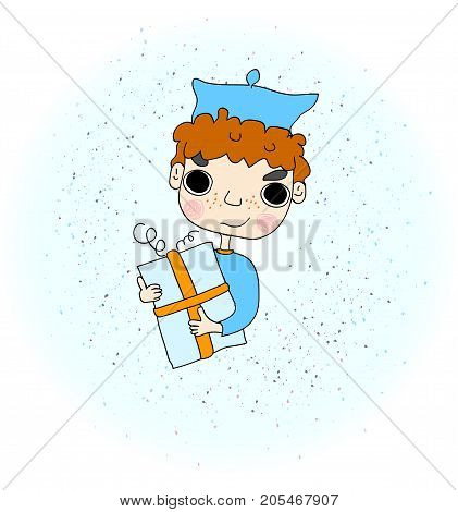 Illustration of a Boy Holding a Gift in a Beautifully Wrapped Box