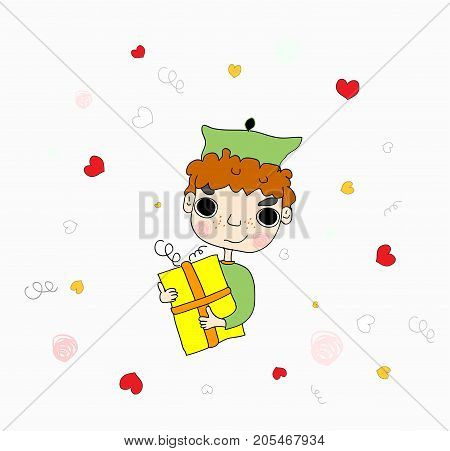 Cute boy submitting gift vector green art