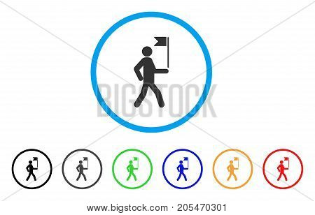 Guide Man With Flag rounded icon. Style is a flat guide man with flag grey symbol inside light blue circle with black, gray, green, blue, red, orange variants.