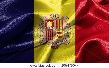 Realistic flag of Andorra on the wavy surface of fabric. This flag can be used in design