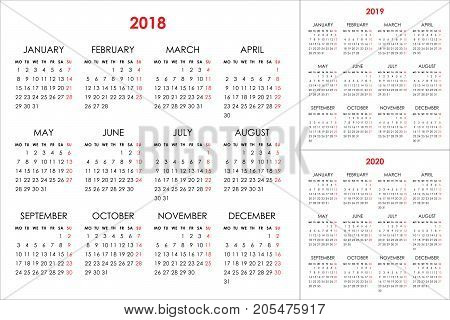 Calendar for 2018, 2019, 2020 years on white background. Week starts monday