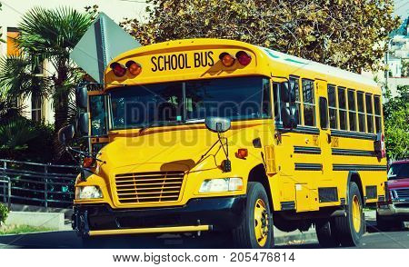 School bus parked by the school in Los Angeles California