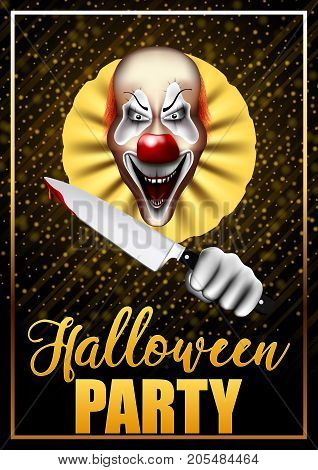 A banner or a poster for the Halloween party with a scary evil clown. Invited to a party with gold and glitter.