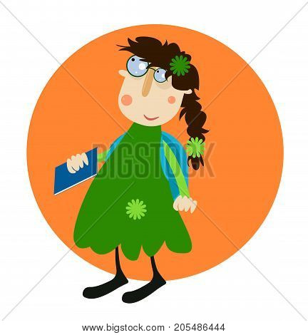 Teen girl wearing eyeglasses and backback with a book in her hand, vector illustration, ads, banner, sign