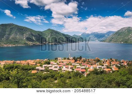 Old historical village Dobrota on a coast near the sea in a Boka Kotor bay. Montenegro Europe.