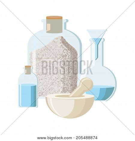Pharmacy concept in vintage style. Alchemy concept. Chemistry equipment in vintage style. Chemical experiment concept. Set of bottle with poeder, bottle with liquid, flask and mortar with pestle. Vector illustration in flat style.