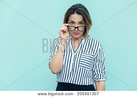 What Did You Say? Seriosly Blonde Busines Woman And Boss With Glass Looking At Camera.
