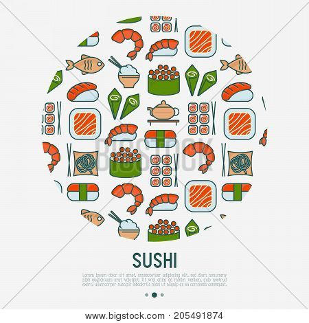 Japanese food circle concept with thin line icons of sushi, noodles, tea, rolls, shrimp, fish, sake. Vector illustration for banner, web page or print media.