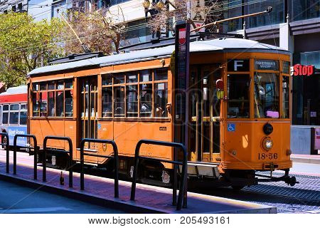 September 17, 2017 in San Francisco, CA:  Railway Street Car which is part of the transit system taken in San Francisco, CA where people can ride these historic rail street cars between the Castro and Fisherman's Warf on Market Street
