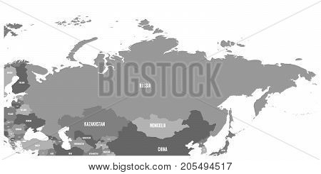 Political map of Russia and surrounding European and Asian countries. Four shades of grey map with white labels on white background. Vector illustration.