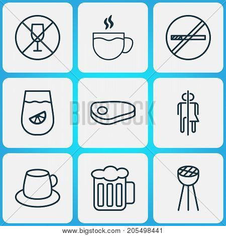Eating Icons Set. Collection Of Stop Smoke, Alcohol Forbid, Coffee Cup And Other Elements