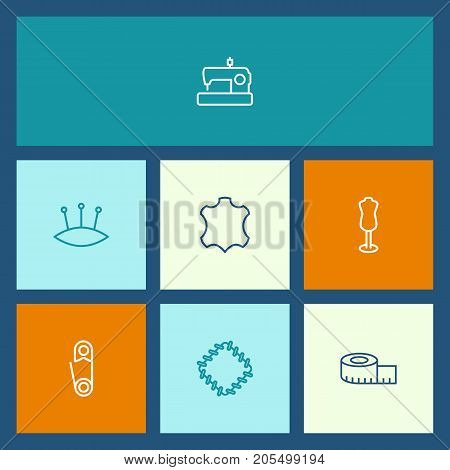 Collection Of Measuring Tape, Safety Pin, Dummy And Other Elements.  Set Of 7 Stitch Outline Icons Set.