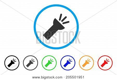 Electric Torch Light rounded icon. Style is a flat electric torch light gray symbol inside light blue circle with black, gray, green, blue, red, orange color versions.