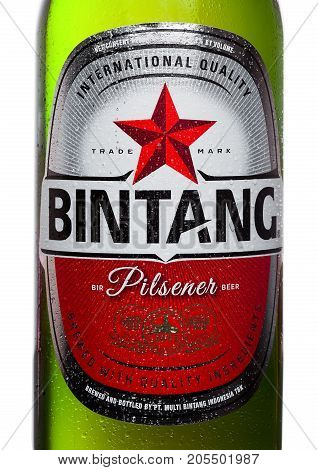 London,uk - September 24, 2017: Bottle Label Of Indonesian Bintang Lager Beer Isolated On White