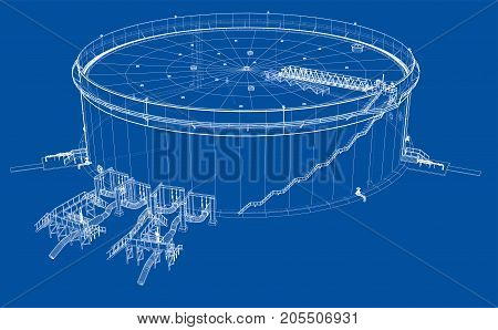 Oil storage tank. Vector rendering of 3d. Wire-frame style. The layers of visible and invisible lines are separated