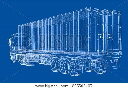 Truck with semitrailer. Vector rendering of 3d. Wire-frame style. The layers of visible and invisible lines are separated