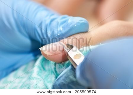 Manicurist cut the cuticle to the client. Nail beautician cutting the cuticle using cuticle scissors. Manicure and skincare.