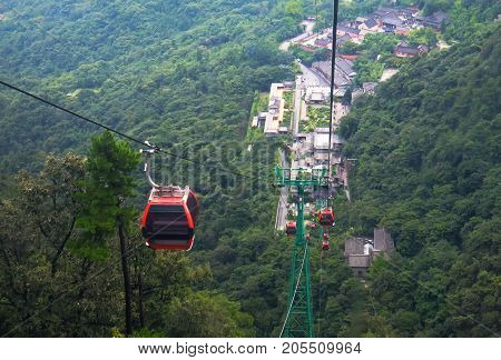 the view of Wudang mountain view from the cable car. taken to the top of this hill That's a Golden temple. Hubei Province china