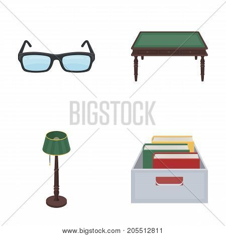 Glasses, a wooden table, a floor lamp, a box with books. A library and a bookstore set collection icons in cartoon style vector symbol stock illustration .