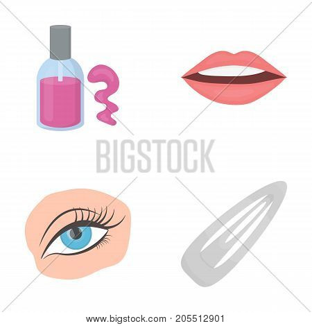 Nail polish, tinted eyelashes, lips with lipstick, hair clip.Makeup set collection icons in cartoon style vector symbol stock illustration .