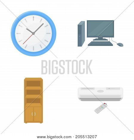 Clock with arrows, a computer with accessories for work in the office, a cabinet for storing business papers, air conditioning with remote control. Office Furniture set collection icons in cartoon style vector symbol stock illustration .