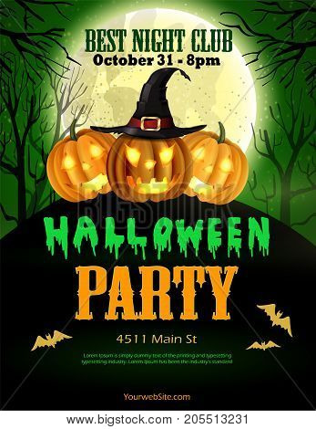 Halloween party flyer with pumpkins, hat, bats vector