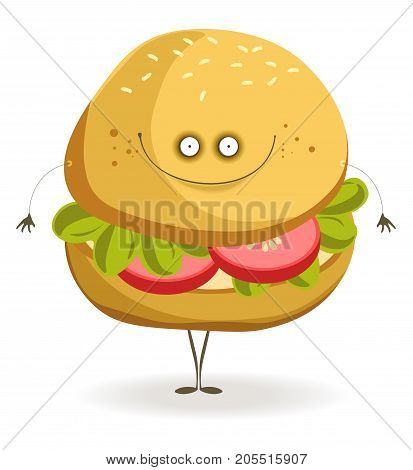 Delicious vegan burger full of tomatoes slices and lettuce leaves with cheerful face and thin limbs isolated vector illustration on white background. Edible character with adorable face expression.