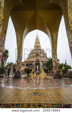 Phetchabun Thailand - August 6 2017: Buddhist tourists sightseeing beautiful Buddhist church at Phasornkaew Buddhist temple in Phetchabun Thailand