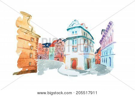 Aquarelle painting of Portuguese street with old historical buildings.