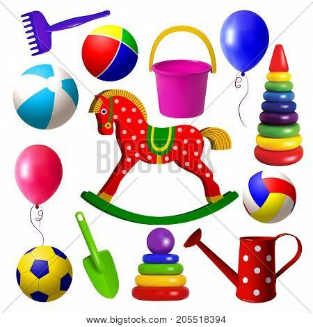 Kids toys. Set of toys for children of early childhood age. Outdoor games sandbox tools ball pyramid wooden swing horse. Isolated objects. Vector illustration.