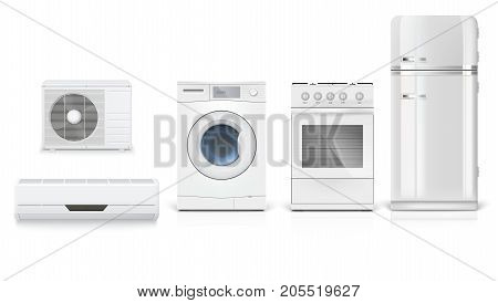 Set icons of household appliances on a white background. Air conditioning, washing machine, gas hob and white fridge, isolated 3D illustration with realistic shadows and reflections.