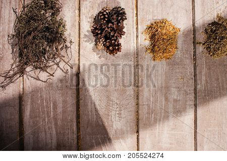 Medical herb preparation background top view. Quackery with free space closeup, homemade pharmacy, alternative medicine concept