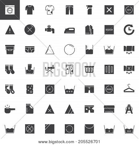 Laundry and dry cleaning vector icons set, modern solid symbol collection, filled pictogram pack. Signs, logo illustration. Set includes icons as washing machine, laundry bucket, iron, hanger