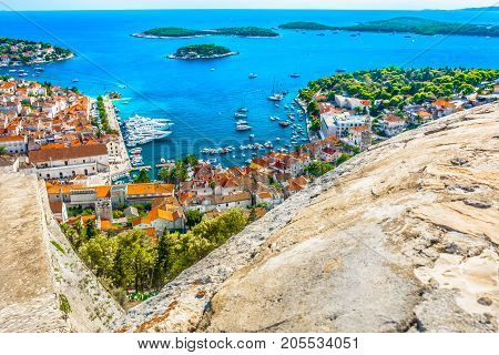 Aerial view at famous archipelago in front of town Hvar, summer aerial scenery in Croatia, Mediterranean.
