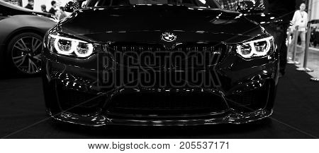 Sankt-Petersburg Russia July 21 2017: Front view of a BMW M4 sports car. M Performance Edition. Car exterior details. Photo Taken at Royal Auto Show July 21