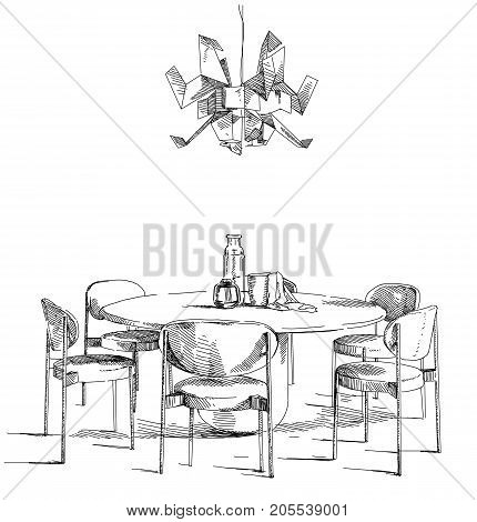Contemporary modern interior hand drawing vector illustration.