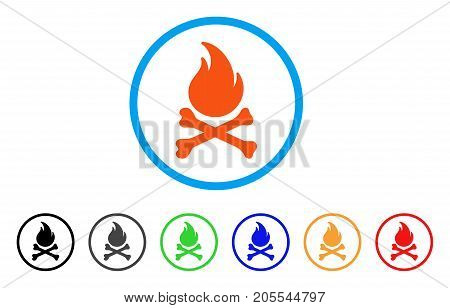 Death Bones Flame rounded icon. Style is a flat death bones flame orange symbol inside light blue circle with black, gray, green, blue, red, orange variants.