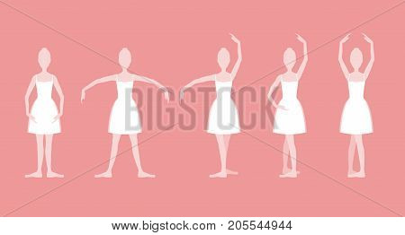 Cartoon Five Basic Ballet Classical Dance Positions Set White Silhouette Woman on a Pink Background. Vector illustration of Position Ballerina