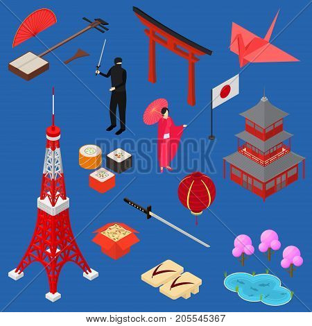 Symbol of Japan Icon Set Isometric View Style Design Japanese Asian Element Travel Business. Vector illustration of Oriental National Culture, Food and Monument