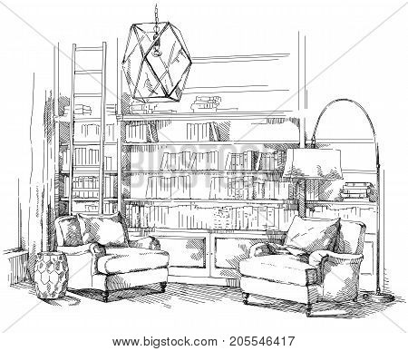 Contemporary modern interior hand drawing vector illustration.