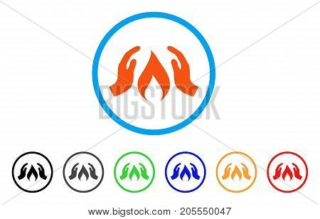 Warm Up Hands rounded icon. Style is a flat warm up hands orange symbol inside light blue circle with black, gray, green, blue, red, orange color versions.