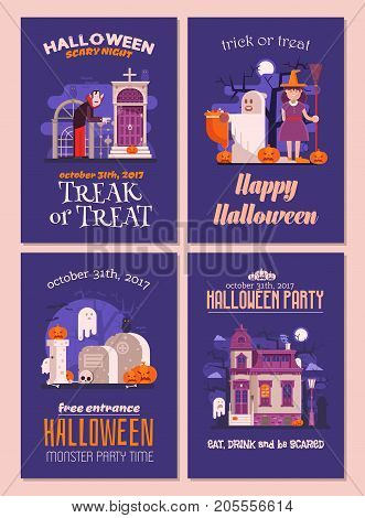 Halloween flyers and cards set. Halloween party invitation postcard templates with congratulation text.