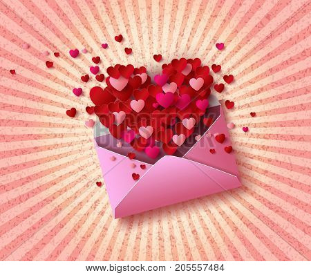 Vector illustration of Open envelope with red hearts for valentine day.paperr cut style.