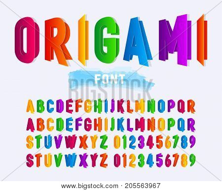 Multicolored folded paper alphabet letters and numbers. origami font isolated on gray background.