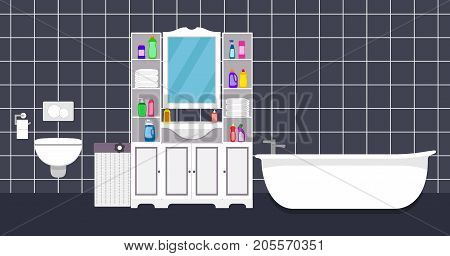 Modern Bathroom Interior Vector Illustration In Flat Style. Bathroom With Toilet, Bathtub, Mirror, S