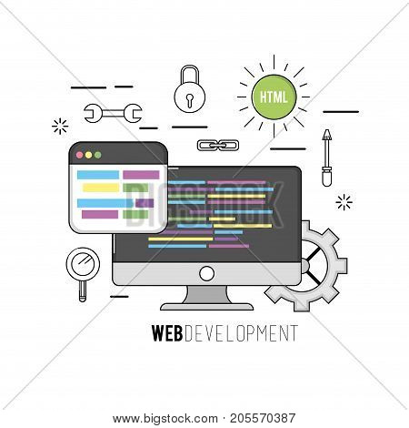 computer with code programing software data vector illustration