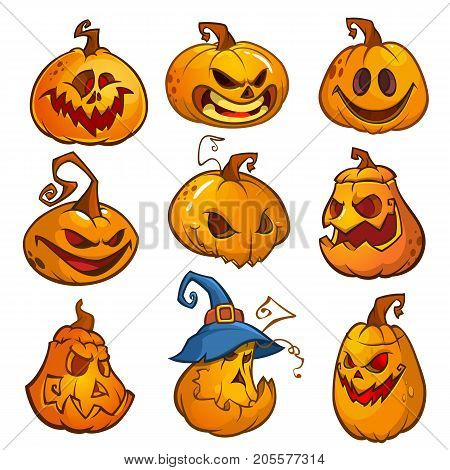 Big set of halloween pumpkins with Jack O`Lantern face vector illustration