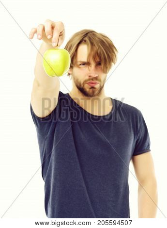 Man With Short Beard, Confident Face Expression Holding Apple Tail
